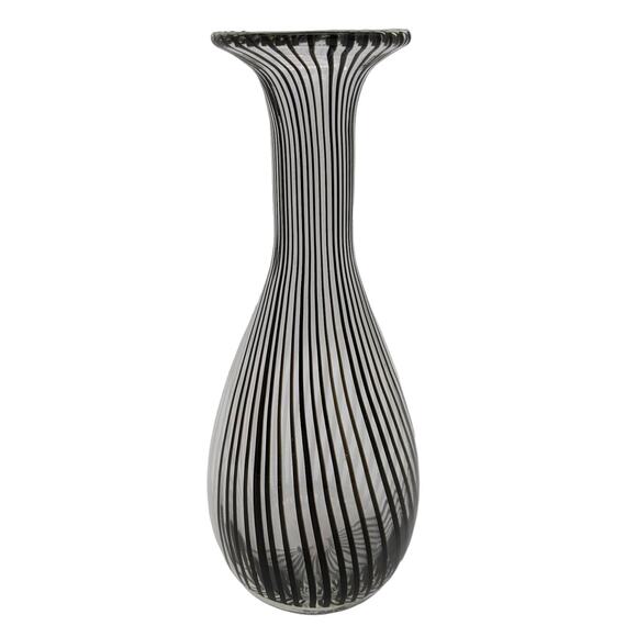 Hand Blown Filigrana Canned Glass Vase Black White Stripe Dino Martens-Like 11.5 - Picture 4 of 13